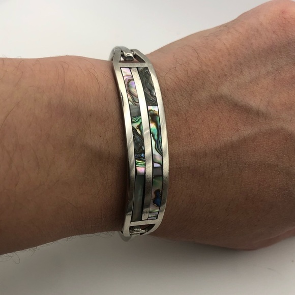 𝅺taxco Sterling Abalone Inlay Inlaid Inlayed Pinch Clasp Bangle 6.5” C / 1.7” D - Picture 4 of 8